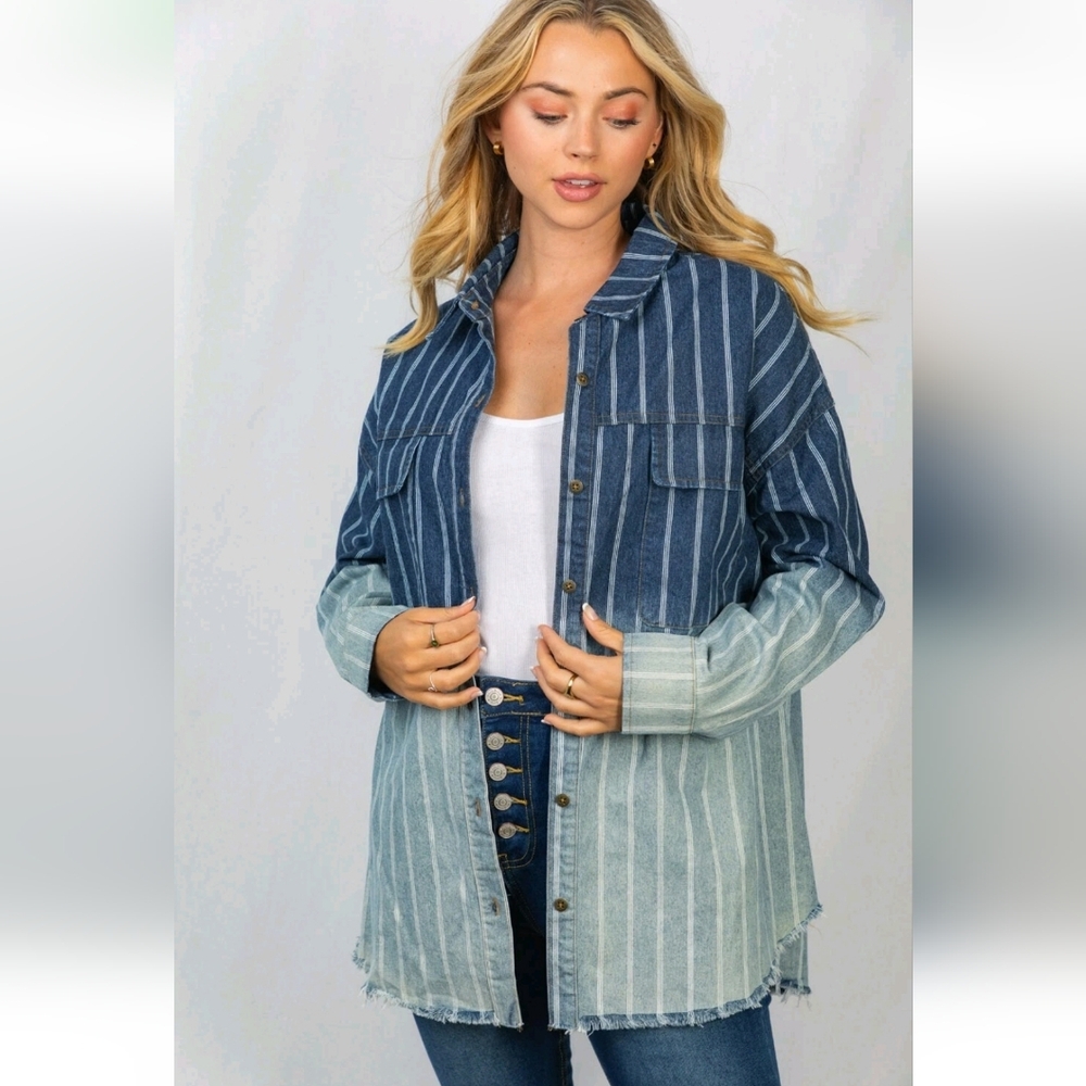White Birch NWT Denim Striped Western Oversized ombre shirt shacket Size XL